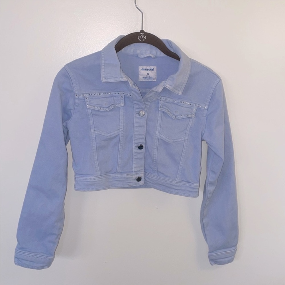 Girls cropped denim jacket, size 14, light blue with silver sequin trim